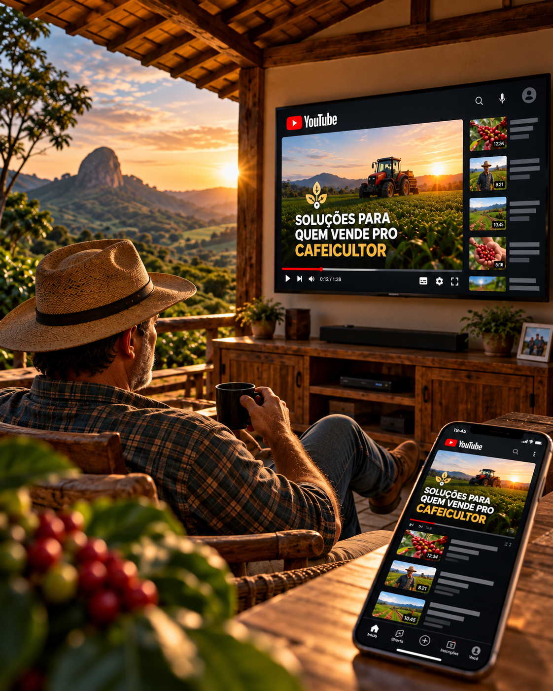 Produtor rural assistindo conteúdo do YouTube na TV e no celular